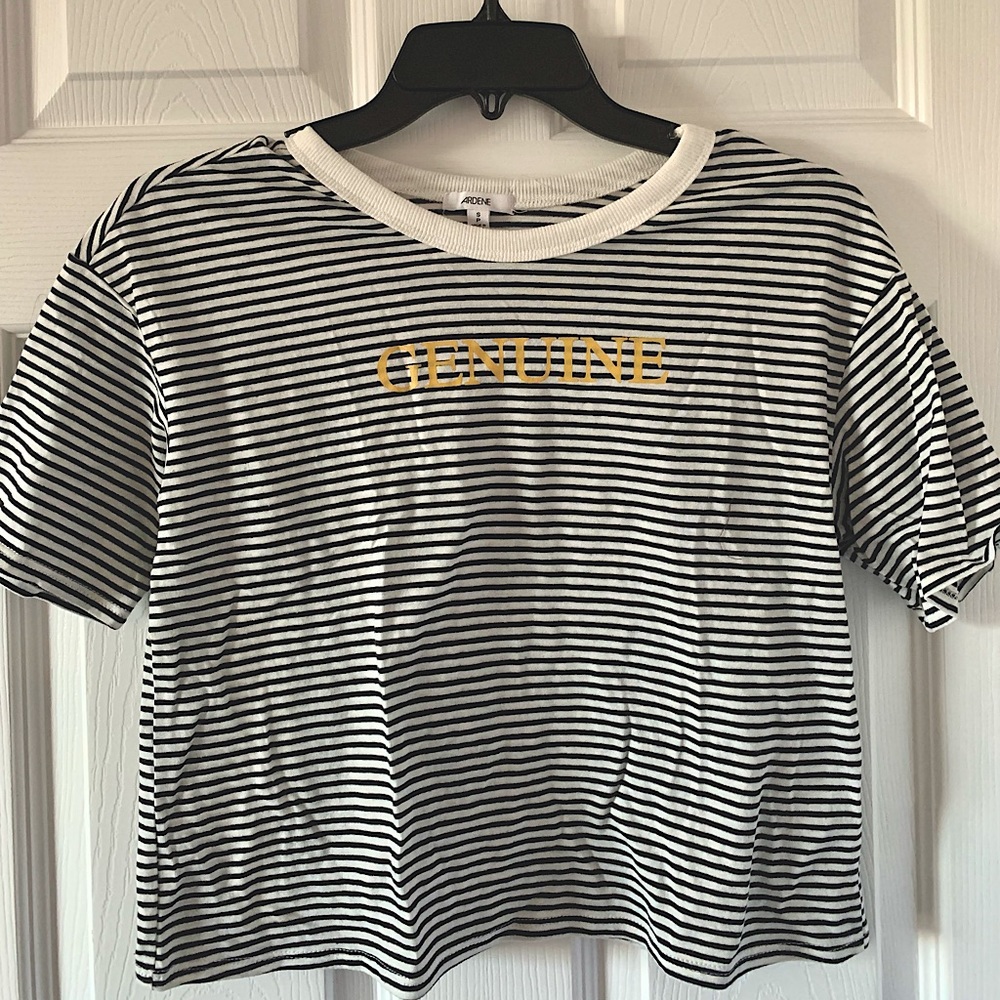 Black n white striped ardene t_shirt with gold letters “genuine”